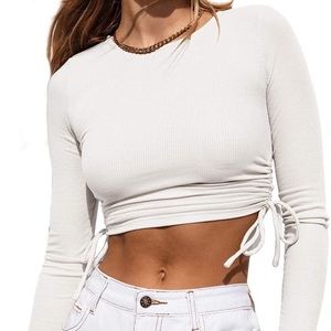 Ribbed Drawstring Side Ruched Basic Crop Top Scoop Neck Long Sleeve Shirt